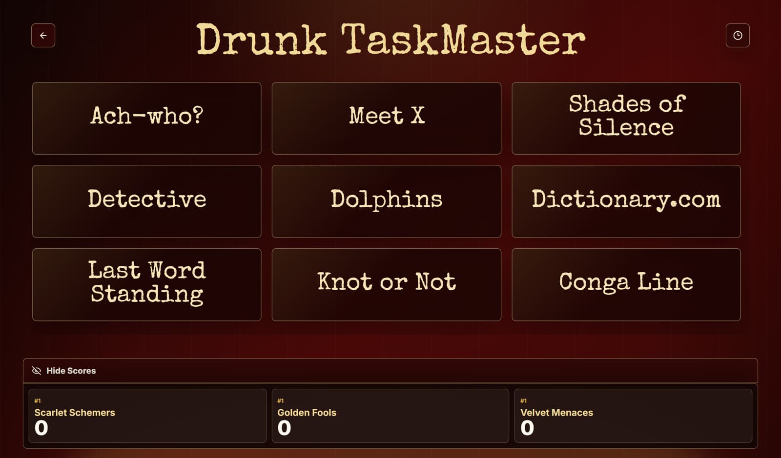The task board: every challenge laid out, with the live leaderboard below